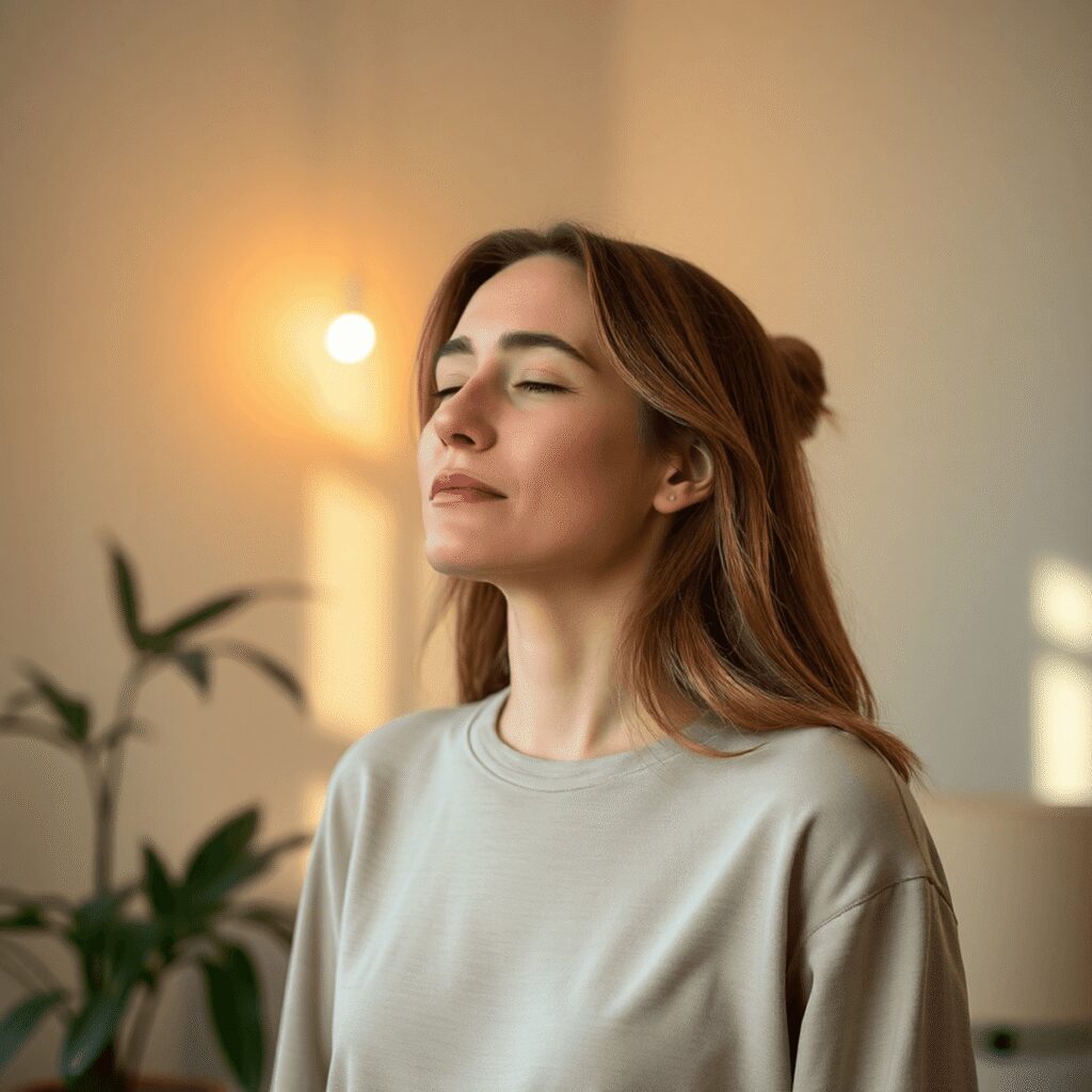 Rituel énergétique express avant un rendez-vous important ou un examen Une femme calme pratiquant la respiration profonde et la visualisation dans une pièce doucement éclairée avec des plantes, symbolisant l'énergie et...