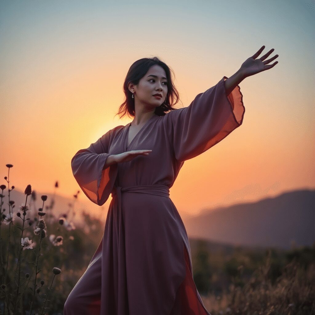 Une femme pratiquant le Tai Chi en plein air au lever du soleil, entourée de plantes médicinales et d'une douce lumière éclatante, symbolisant la g...