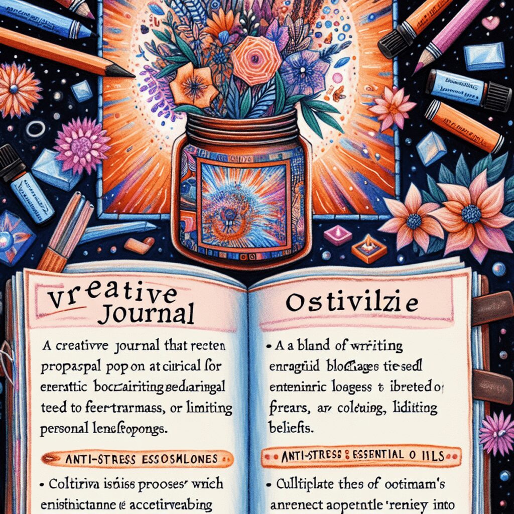 Une illustration d'art numérique vibrante d'un journal avec divers fournitures artistiques, symbolisant l'expression créative et le développement p...