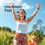 Une image vibrante d'une femme en bonne santé à l'extérieur, entourée de fruits frais et de plantes, symbolisant l'énergie, la vitalité et le bien-...