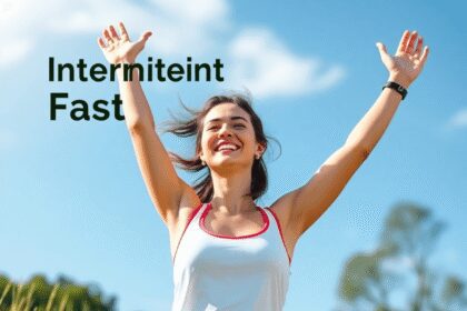 Une image vibrante d'une femme en bonne santé à l'extérieur, entourée de fruits frais et de plantes, symbolisant l'énergie, la vitalité et le bien-...