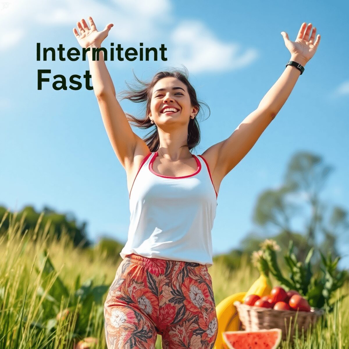 Une image vibrante d'une femme en bonne santé à l'extérieur, entourée de fruits frais et de plantes, symbolisant l'énergie, la vitalité et le bien-...