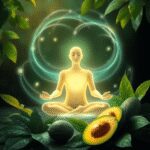 Une personne paisible méditant avec des vagues d'énergie lumineuse, entourée de feuilles vertes et d'avocats, symbolisant la santé holistique et le...
