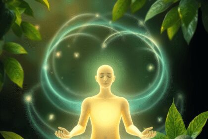 Une personne paisible méditant avec des vagues d'énergie lumineuse, entourée de feuilles vertes et d'avocats, symbolisant la santé holistique et le...