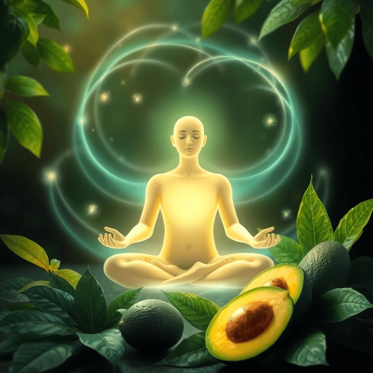 Une personne paisible méditant avec des vagues d'énergie lumineuse, entourée de feuilles vertes et d'avocats, symbolisant la santé holistique et le...