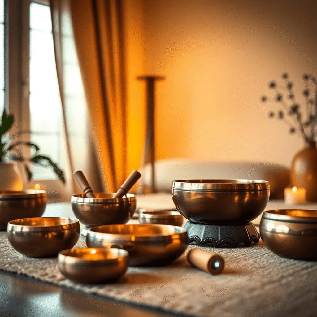 Une scène de maison paisible avec des bols chantants tibétains, des gongs et des carillons doucement éclairés, créant une atmosphère apaisante pour...