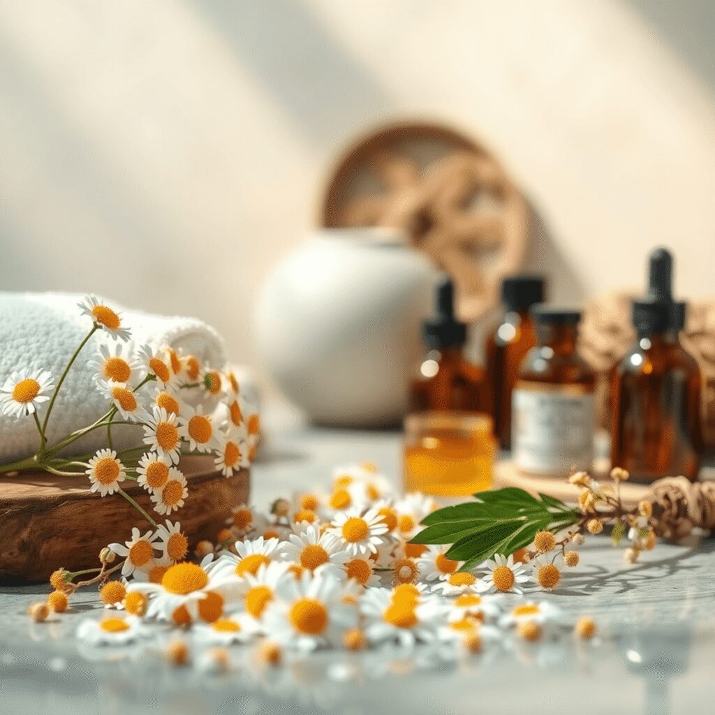 Une scène de spa sereine avec des fleurs de camomille, des huiles essentielles et une lumière douce et lumineuse symbolisant l'énergie intérieure e...