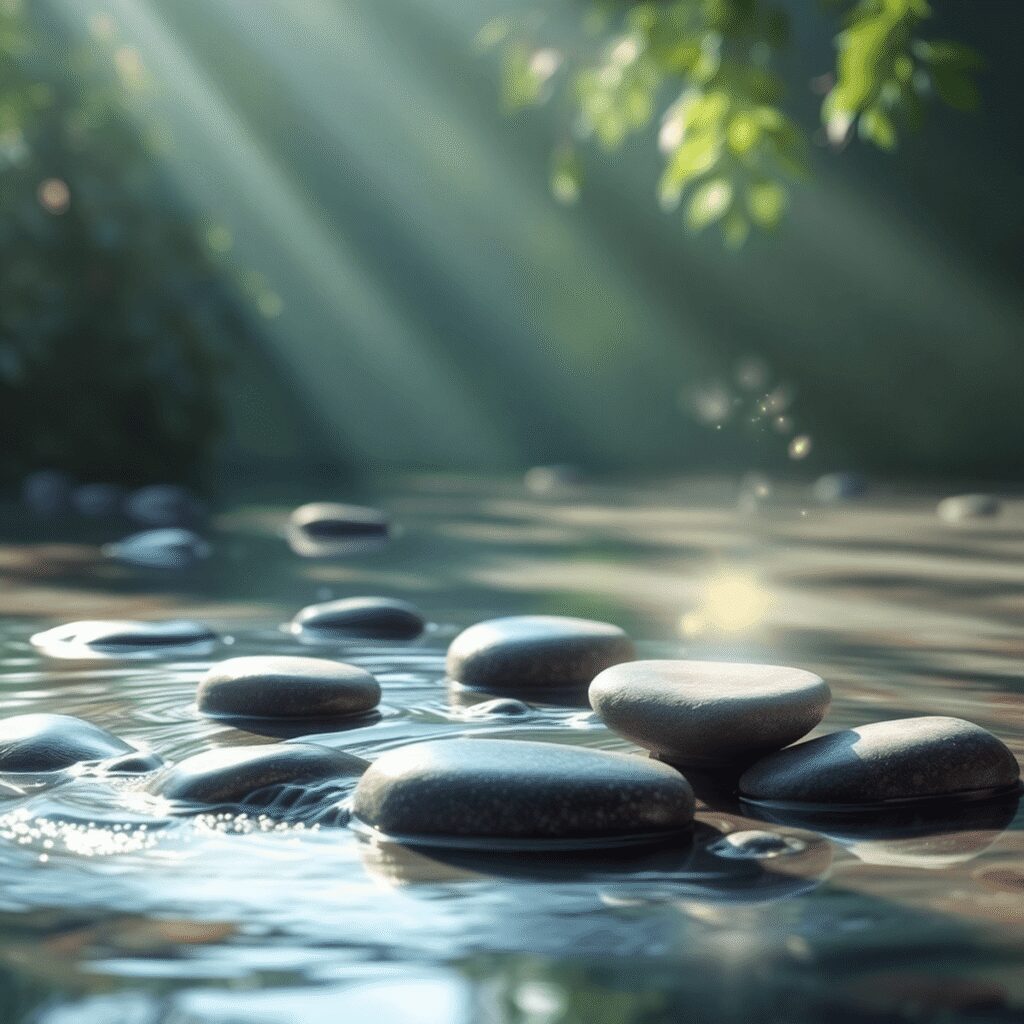 Une scène paisible avec une lumière naturelle douce, de l'eau qui coule, des pierres lisses et des vagues d'énergie lumineuses subtiles symbolisant...