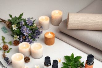 Une scène sereine avec des herbes, des fleurs, des huiles essentielles, des bougies et un tapis de yoga symbolisant les soins holistiques pour le s...