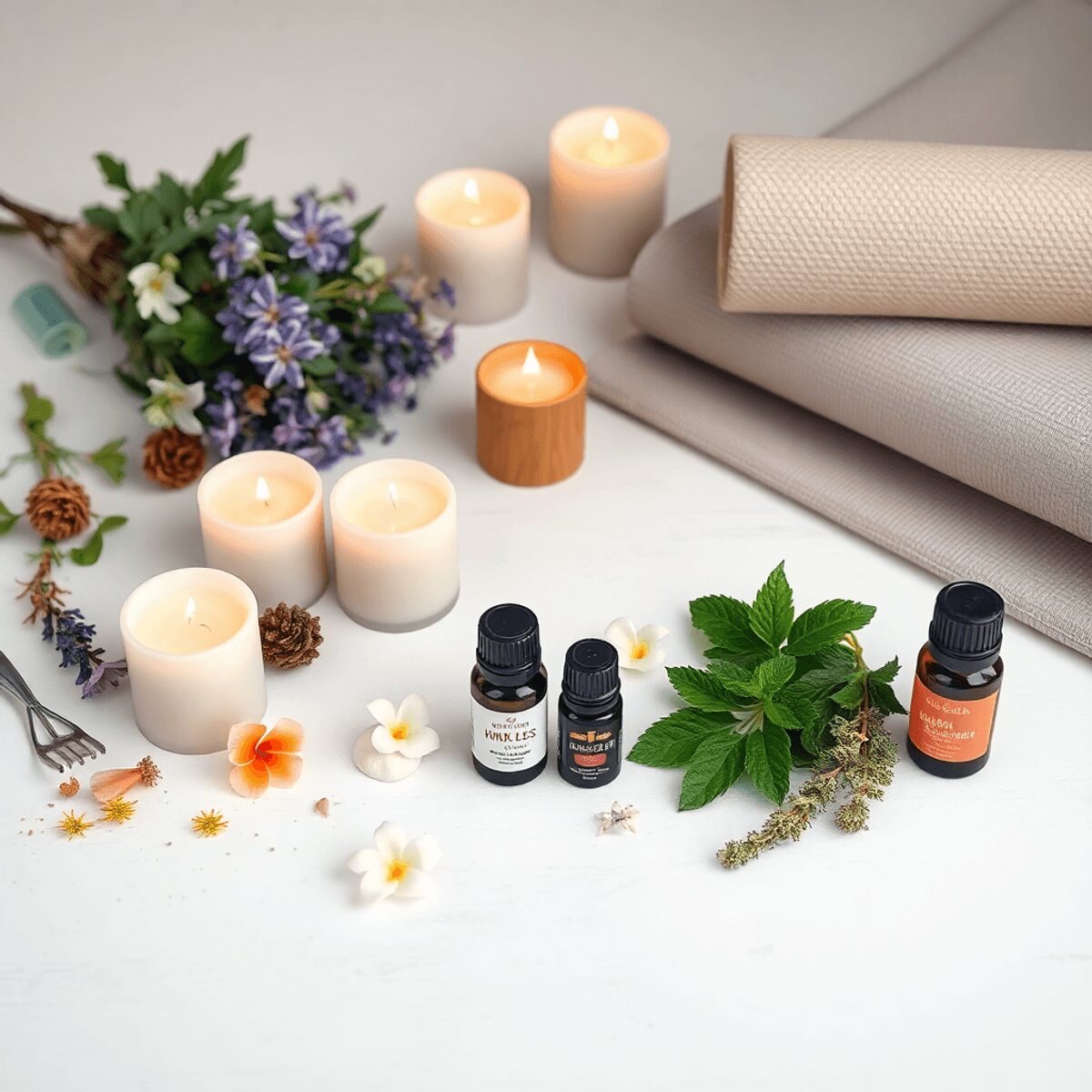 Une scène sereine avec des herbes, des fleurs, des huiles essentielles, des bougies et un tapis de yoga symbolisant les soins holistiques pour le s...