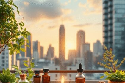 Une scène urbaine de bien-être paisible avec des plantes médicinales, des huiles essentielles, de la méditation et une ligne d'horizon de la ville ...