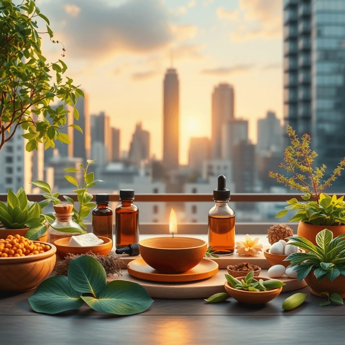 Une scène urbaine de bien-être paisible avec des plantes médicinales, des huiles essentielles, de la méditation et une ligne d'horizon de la ville ...