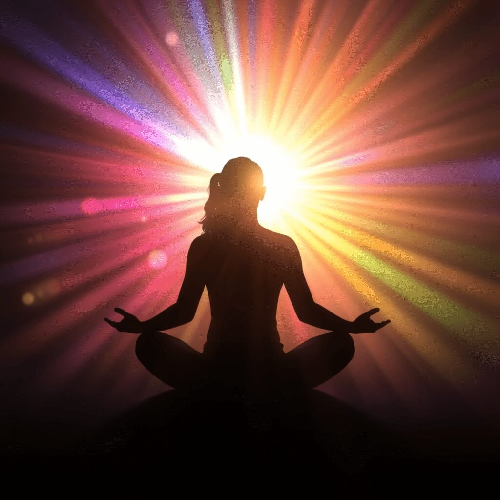 Une silhouette paisible en méditation, entourée de rayons lumineux colorés et doux symbolisant l'équilibre émotionnel et la guérison énergétique.