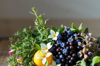 Une vitrine vibrante de romarin, de mélisse et de bourgeons de cassis sur une table en bois rustique avec une douce lumière naturelle.