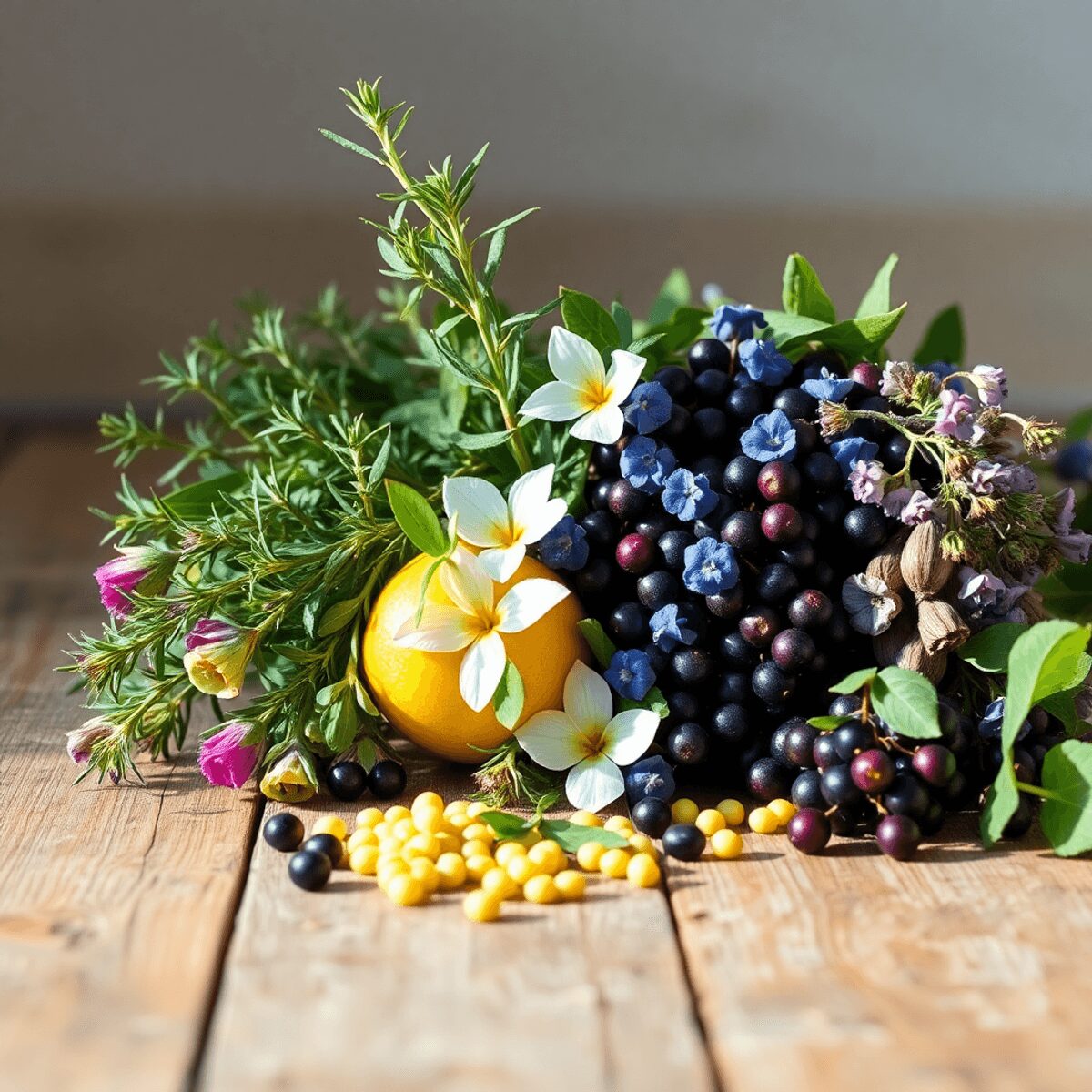 Une vitrine vibrante de romarin, de mélisse et de bourgeons de cassis sur une table en bois rustique avec une douce lumière naturelle.