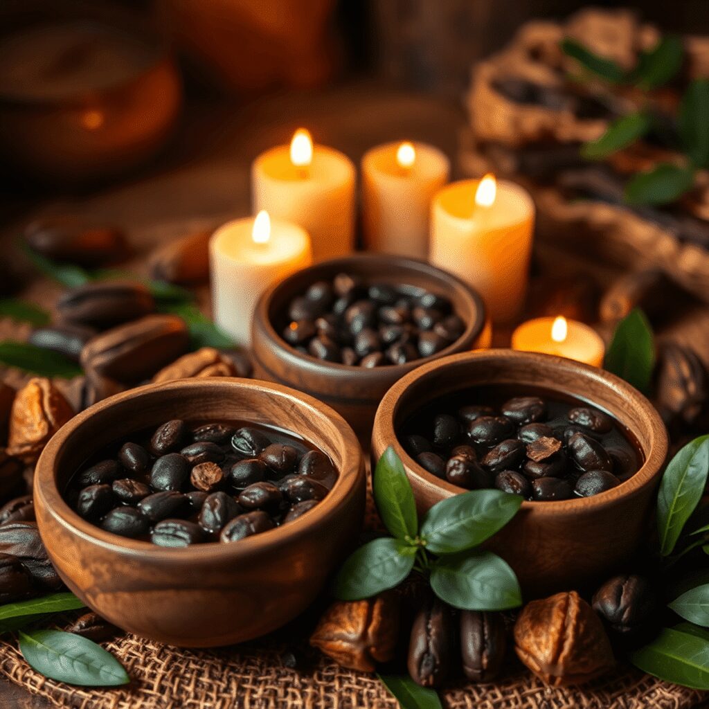 Le pouvoir du cacao cérémoniel dans la reconnexion émotionnelle et énergétique en groupe Des bols en bois rustiques remplis de cacao riche, entourés de cabosses de cacao, de feuilles vertes et de bougies délicatement illuminées dans un ...