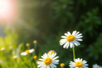 Fleurs de camomille en pleine floraison baignées de doux rayons de soleil, avec un feuillage vert frais en arrière-plan, évoquant un sentiment de g...
