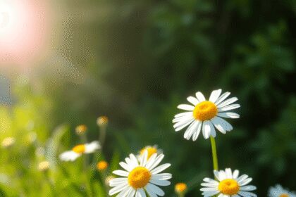 Fleurs de camomille en pleine floraison baignées de doux rayons de soleil, avec un feuillage vert frais en arrière-plan, évoquant un sentiment de g...