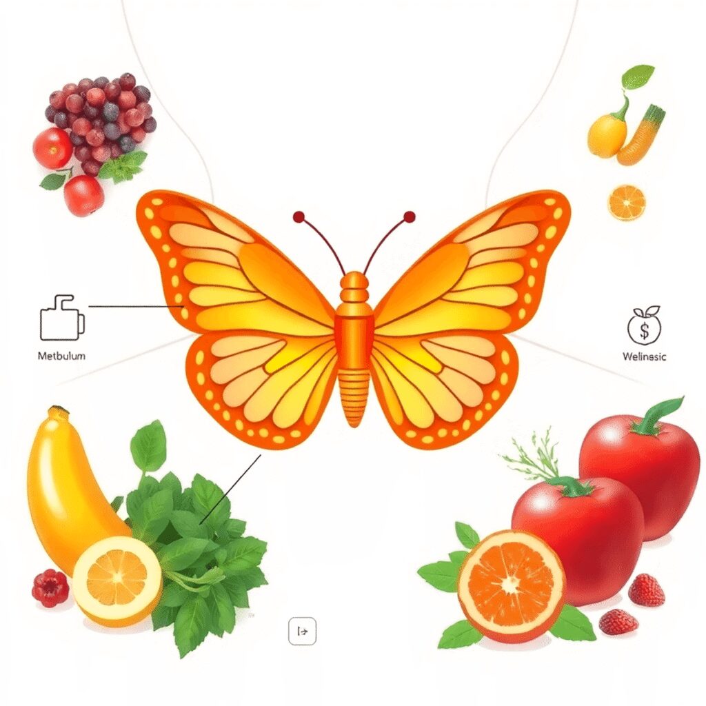 Comment soutenir sa santé thyroïdienne naturellement avec les méthodes holistiques modernes Illustration réaliste d'une glande thyroïde en forme de papillon à la base du cou, entourée de fruits, légumes, herbes, avec des icônes pour l'éner...