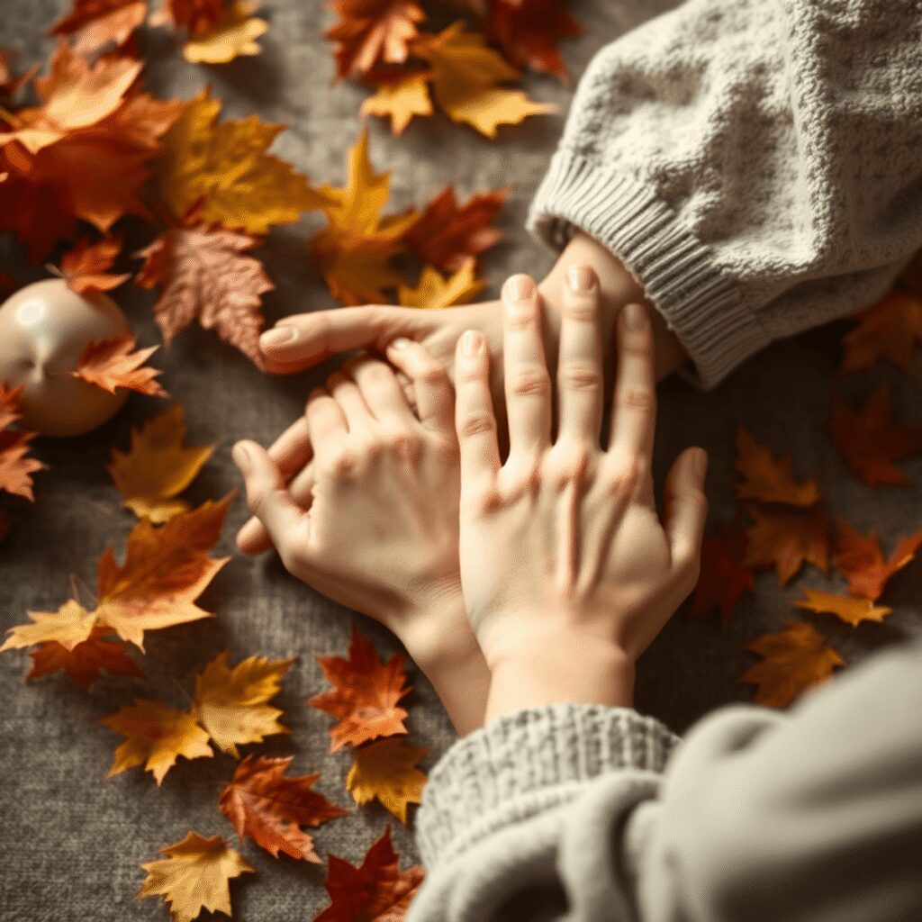 Mains massant doucement des bras entourés de douces feuilles d'automne et d'éléments naturels, évoquant calme et flux d'énergie dans un style réali...