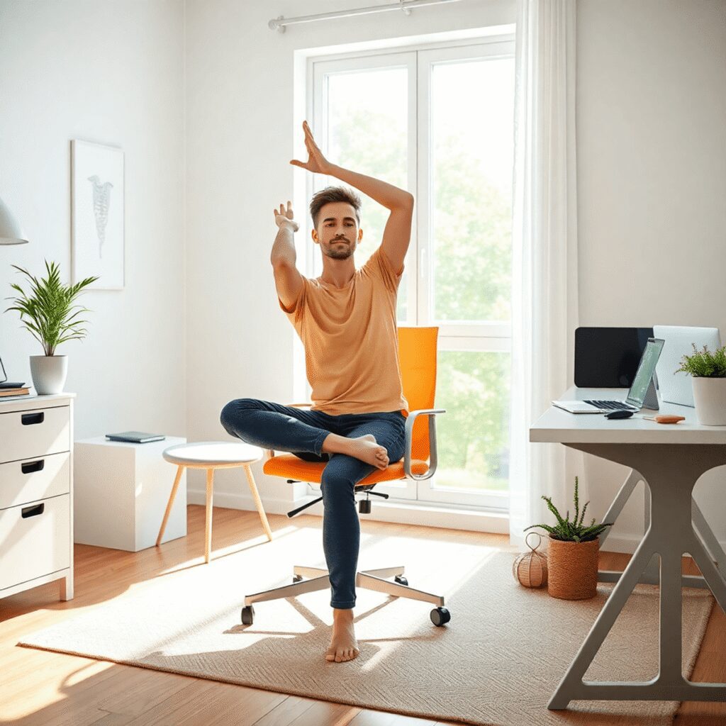 Personne faisant des étirements de yoga assis sur une chaise dans un bureau à domicile lumineux avec un ordinateur portable et la lumière naturelle...
