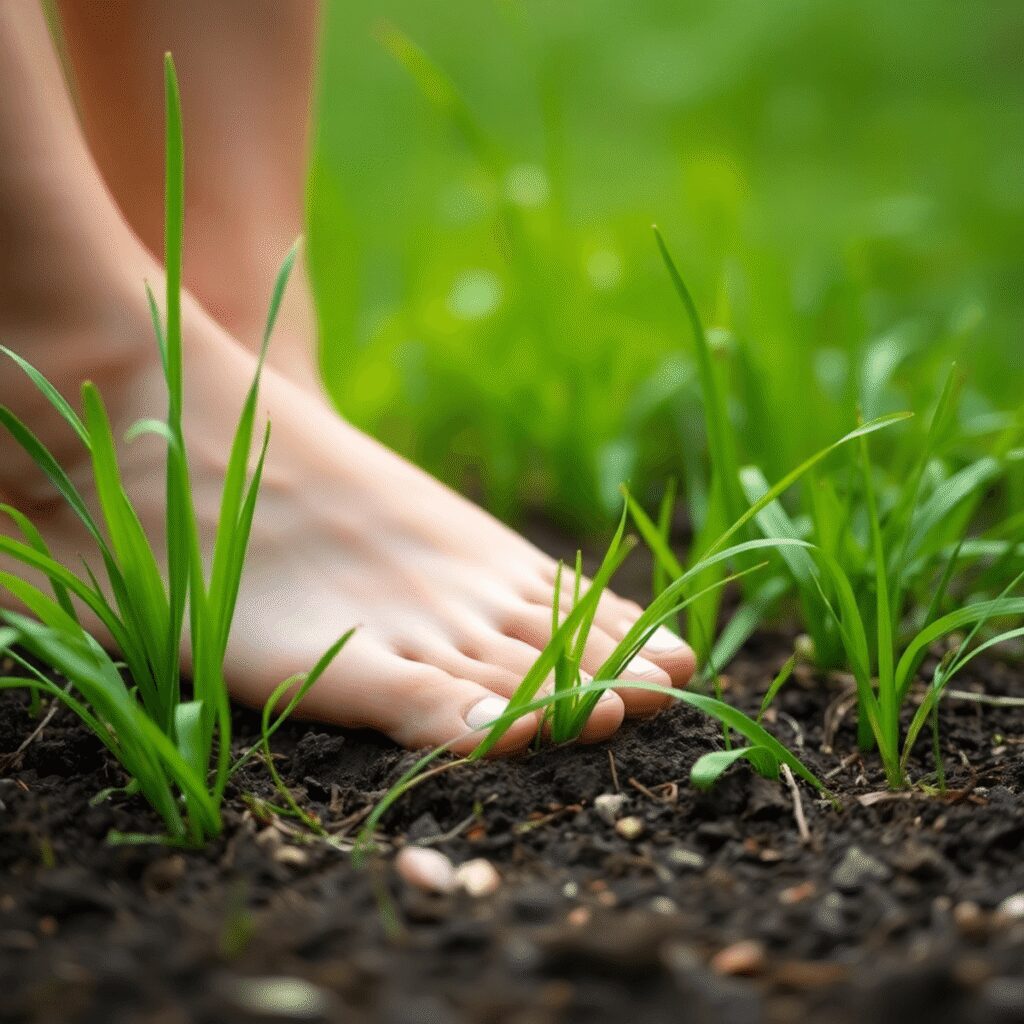 Qu’est-ce que le grounding et comment l’adopter facilement en ville ? Pieds nus touchant doucement l'herbe verte et la terre dans un cadre naturel paisible, symbolisant l'ancrage et la connexion avec la Terre.