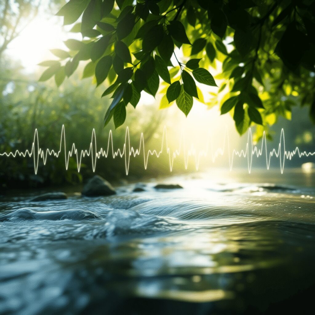 Favoriser l’éveil spirituel grâce à la cohérence cardiaque avancée en 2025 Scène naturelle paisible avec de l'eau qui s'écoule, de la lumière du soleil à travers des feuilles vertes, et des formes d'onde de fréquence cardi...
