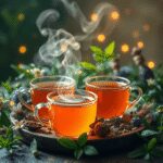 Tasses de thé herbal fumant entourées de plantes médicinales fraîches avec des particules lumineuses douces créant une atmosphère paisible et holis...