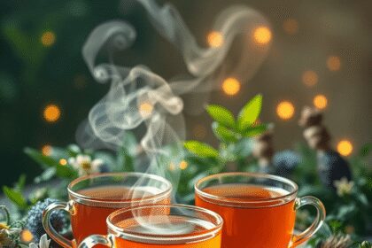 Tasses de thé herbal fumant entourées de plantes médicinales fraîches avec des particules lumineuses douces créant une atmosphère paisible et holis...