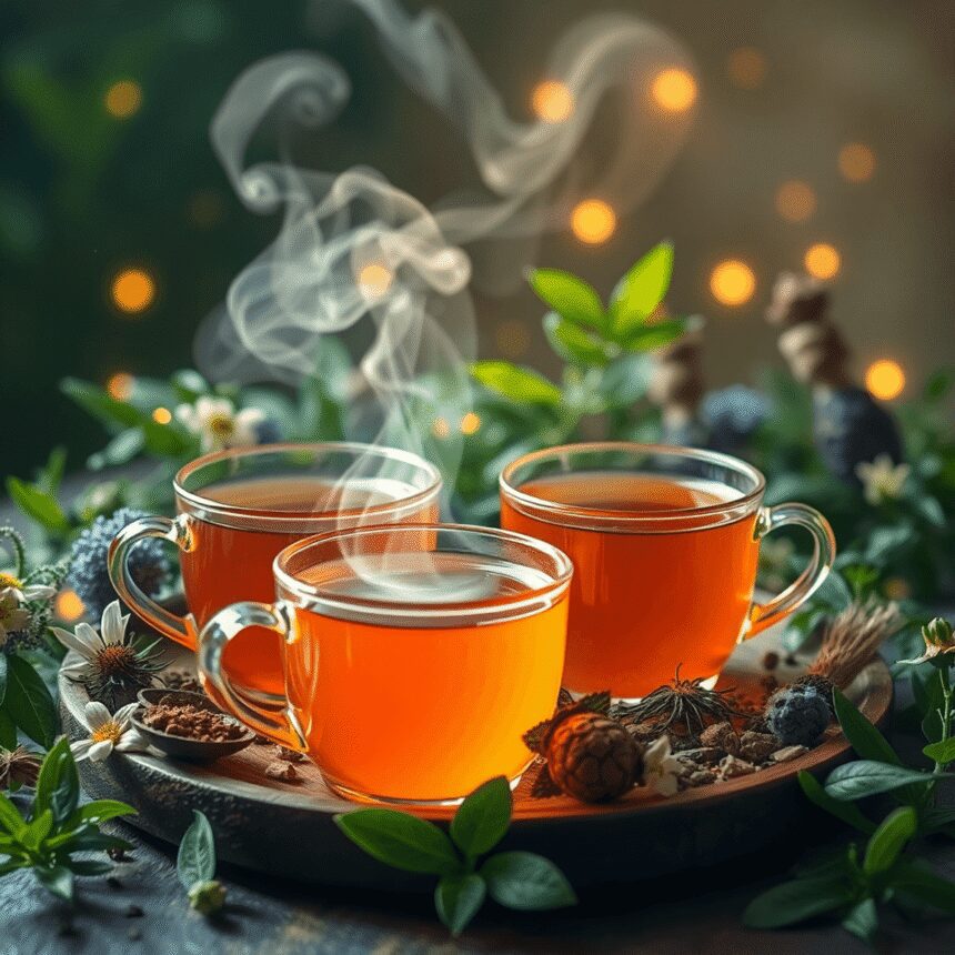 Tasses de thé herbal fumant entourées de plantes médicinales fraîches avec des particules lumineuses douces créant une atmosphère paisible et holis...