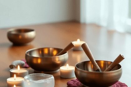 Un aménagement de méditation paisible avec des bols chantants tibétains, des bols en cristal et des bougies allumées sur une surface en bois, créan...