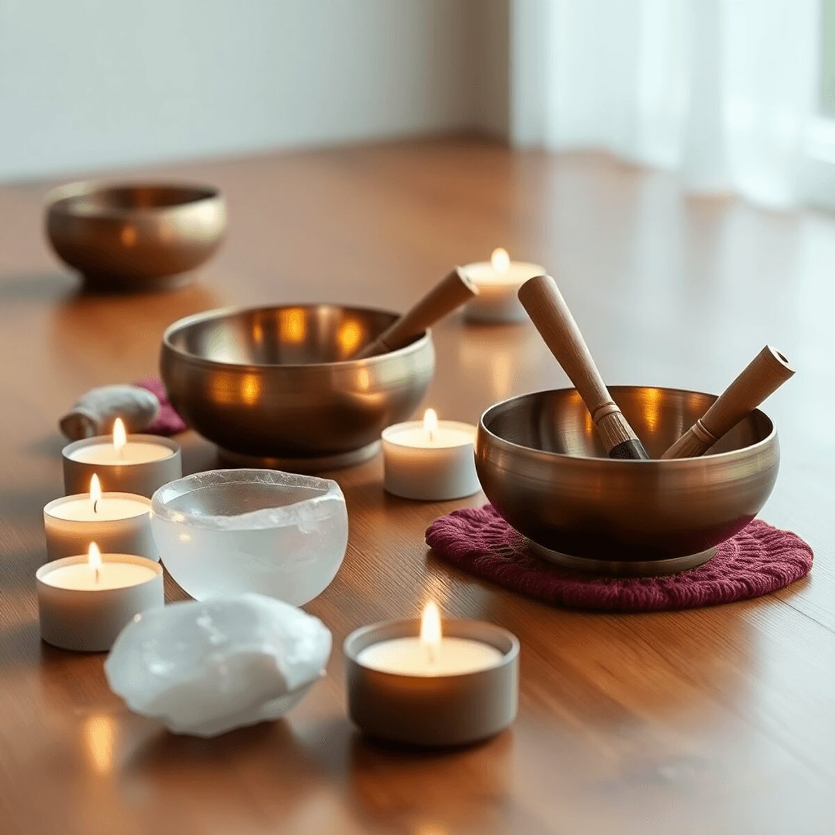 Un aménagement de méditation paisible avec des bols chantants tibétains, des bols en cristal et des bougies allumées sur une surface en bois, créan...