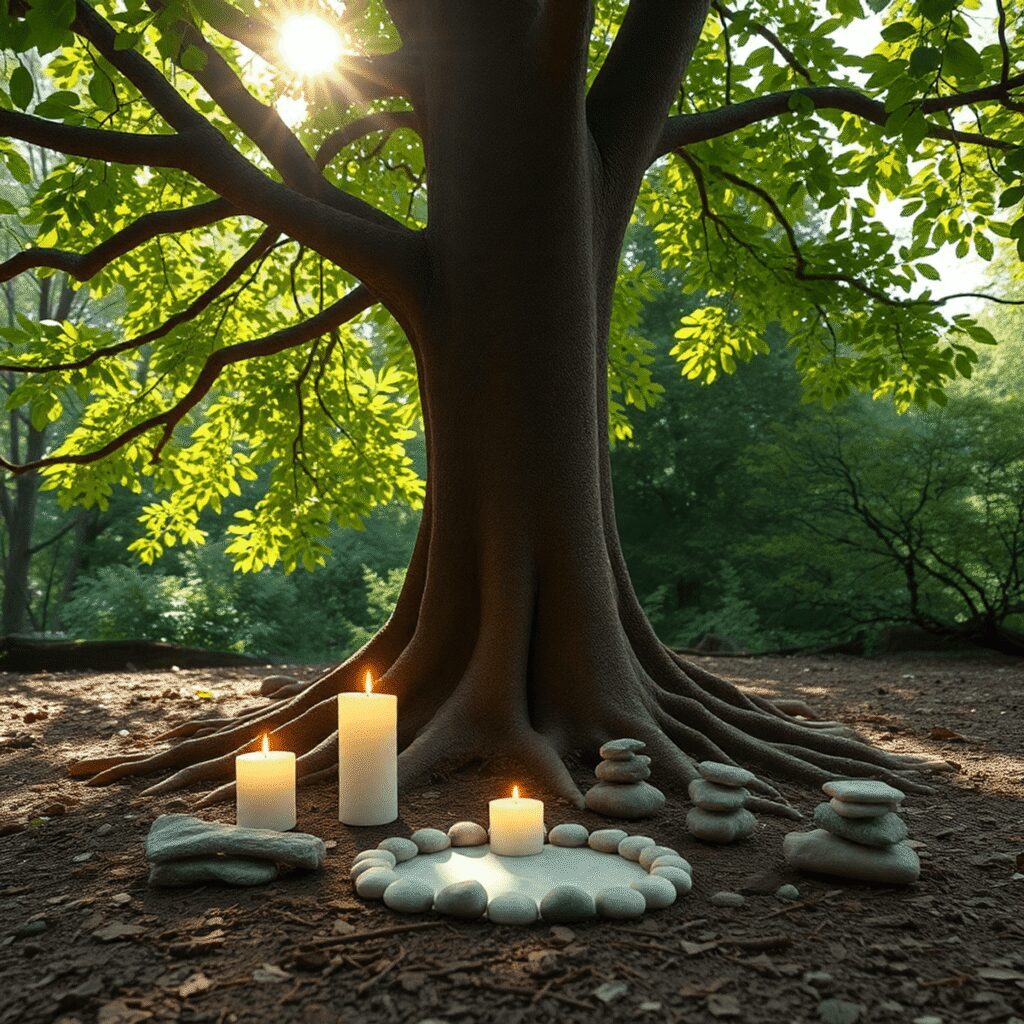Un arbre fort avec des racines profondes, une douce lumière du soleil à travers les feuilles, et des pierres et des bougies disposées harmonieuseme...