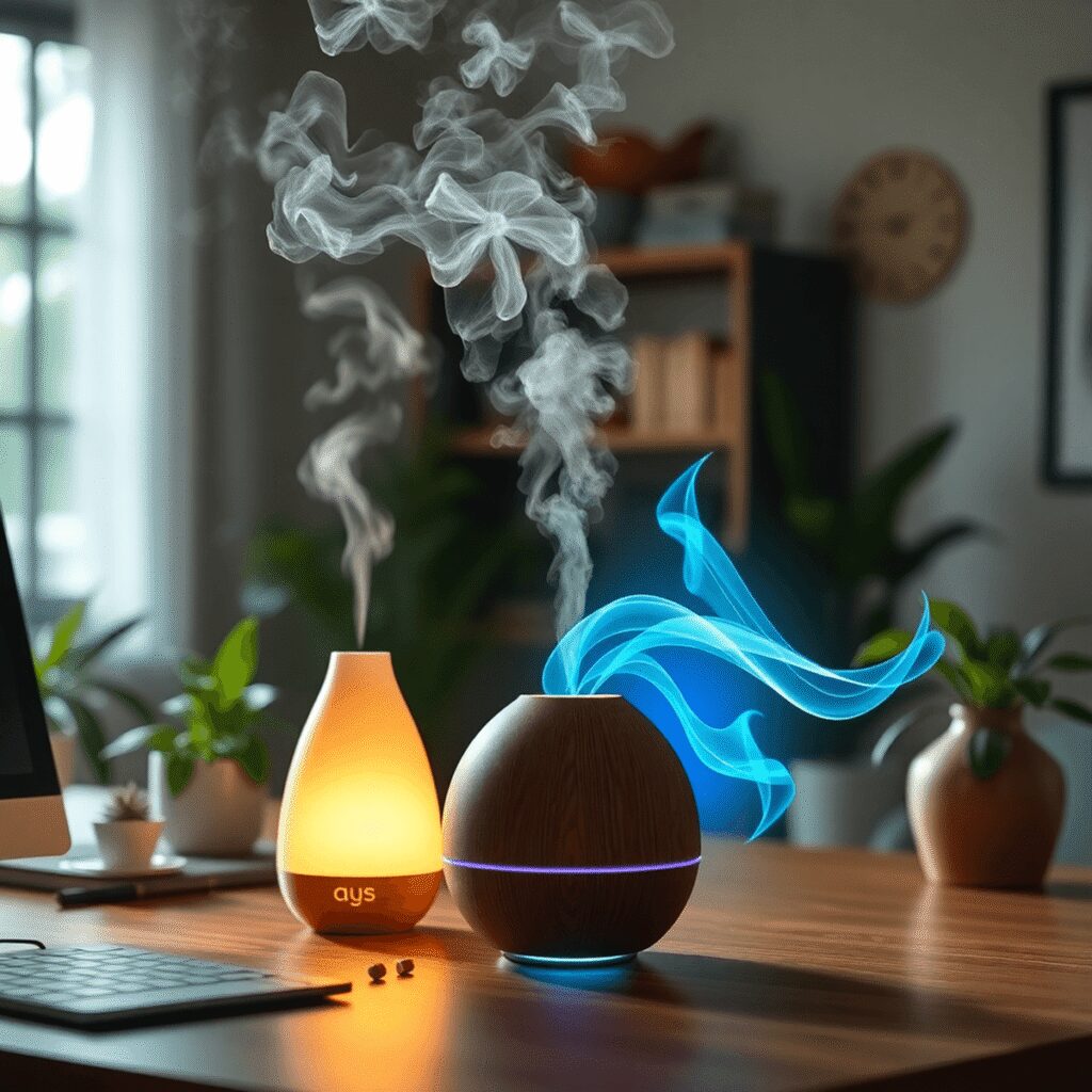 Développer sa créativité par les protocoles énergétiques modernes validés scientifiquement Un espace de travail paisible avec des diffuseurs d'huiles essentielles émettant de la brume, entouré de plantes et d'une lumière douce, avec des v...