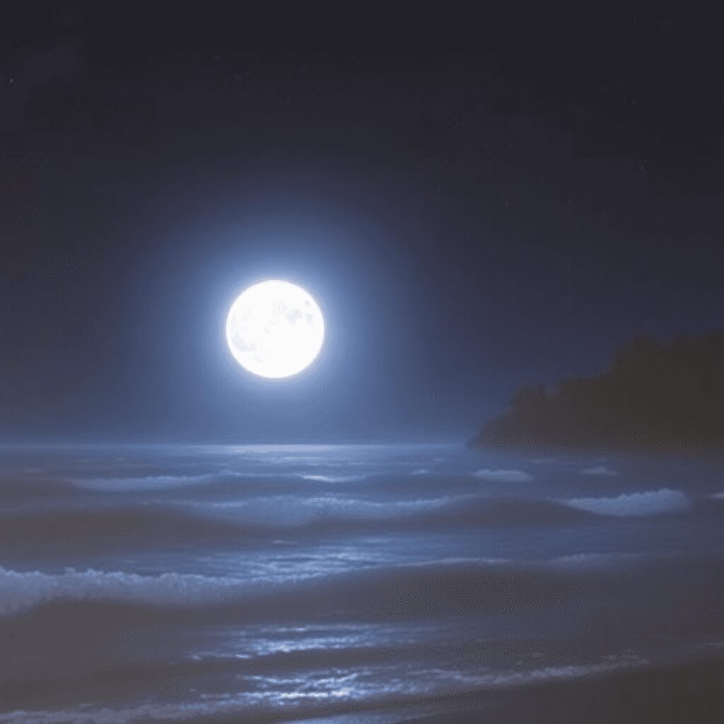 Un paysage nocturne paisible avec une pleine lune brillante projetant une douce lumière sur des vagues douces et des arbres, évoquant la sérénité e...