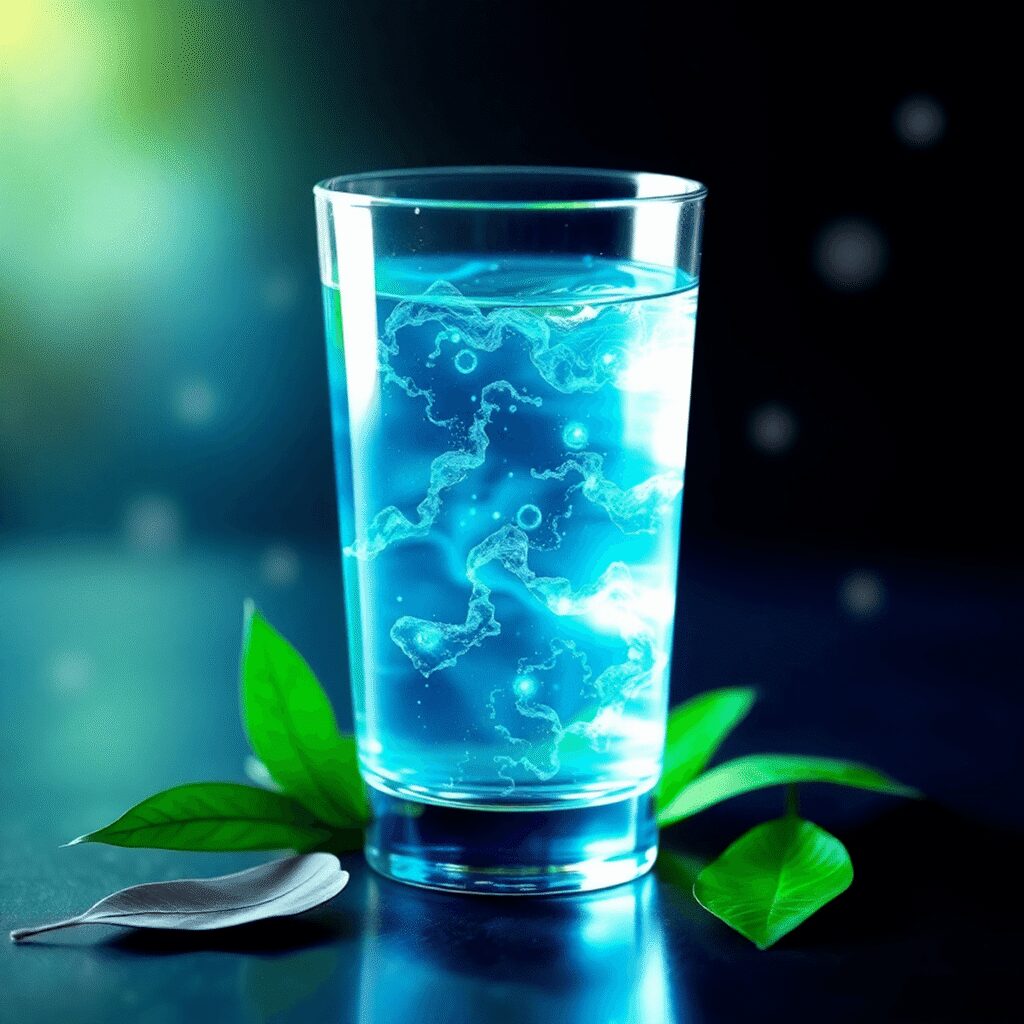 Un verre clair d'eau scintillant de vagues d'énergie bleues et vertes, entouré de feuilles et d'orbes lumineuses symbolisant la vitalité et l'équil...