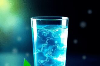 Un verre clair d'eau scintillant de vagues d'énergie bleues et vertes, entouré de feuilles et d'orbes lumineuses symbolisant la vitalité et l'équil...