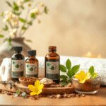 Une scène de spa tranquille avec des huiles et des herbes ayurvédiques disposées soigneusement, baignées dans une lumière douce et chaleureuse pour...