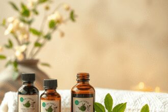 Une scène de spa tranquille avec des huiles et des herbes ayurvédiques disposées soigneusement, baignées dans une lumière douce et chaleureuse pour...